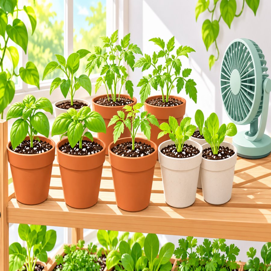 Bright vector scene of gardener fixing seed starting blunders with healthy seedling trays