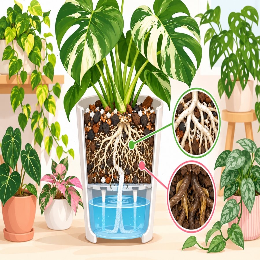 Cross-section diagram highlighting self-watering planter mistakes affecting root health