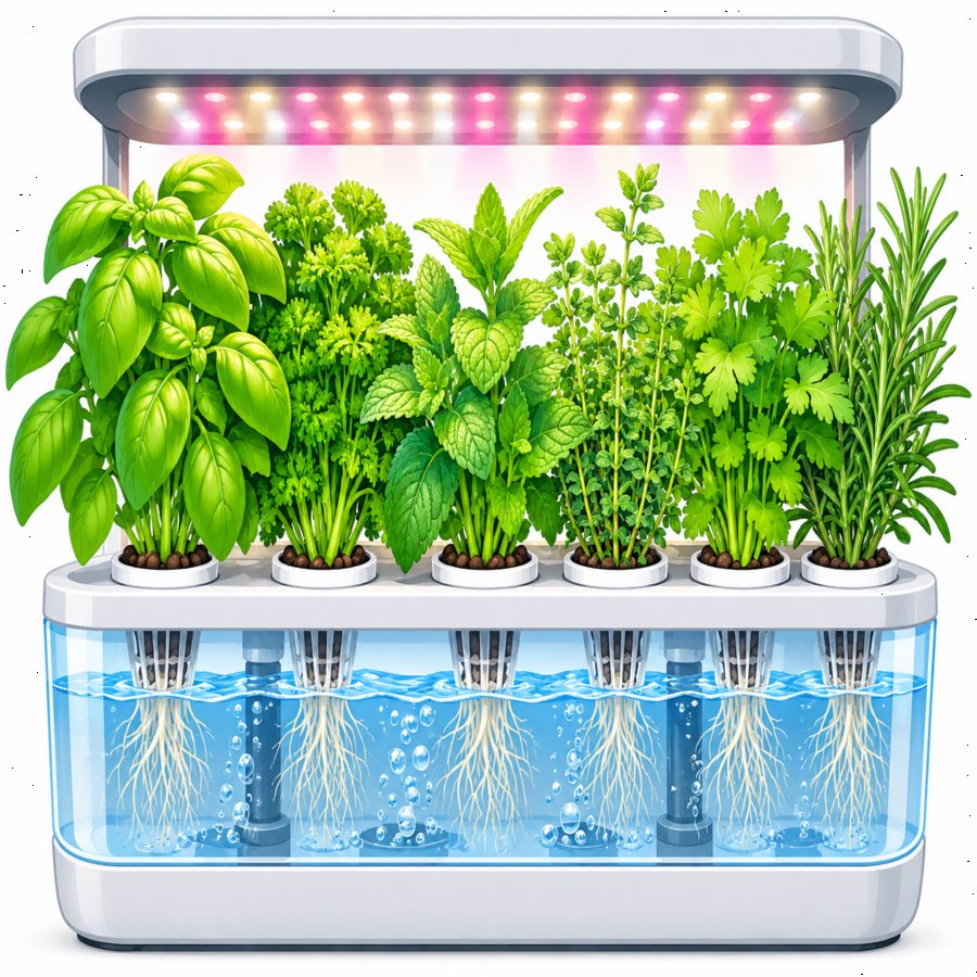 Close-up illustration of smart indoor herb garden kits with glowing LED grow lights and herb pods