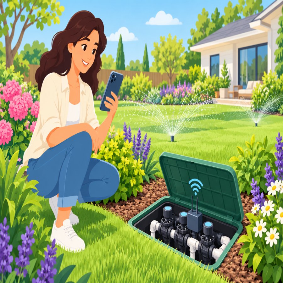Homeowner reviewing app settings to avoid smart sprinkler controller mistakes near lawn