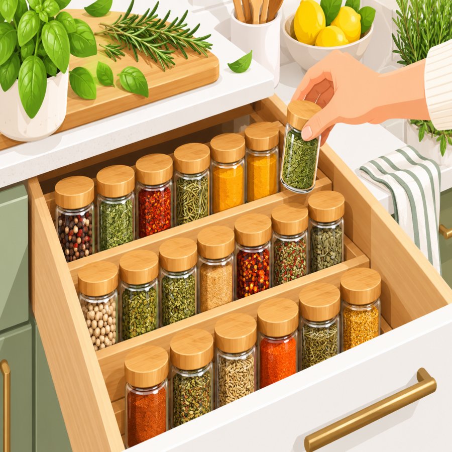 In-body illustration showing spice drawer organization ideas with tiered racks and uniform labeled jars