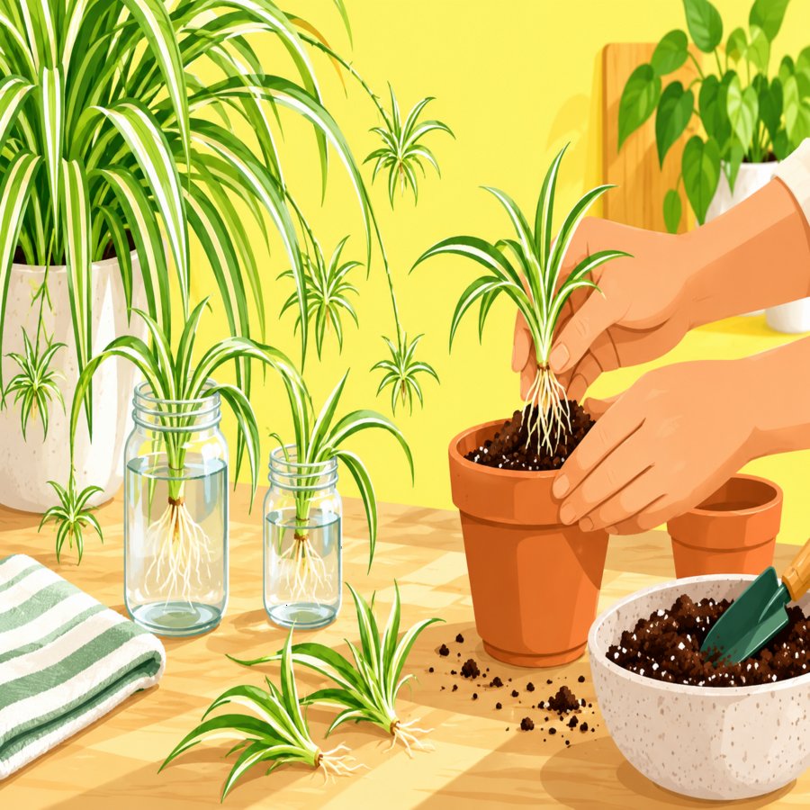Bright vector scene demonstrating spider plant propagation tricks in a cozy home setting