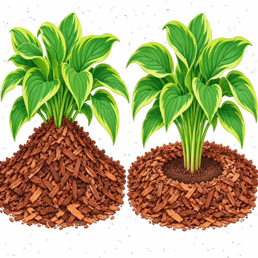 Gardener correcting spring mulching mistakes with proper bark mulch depth