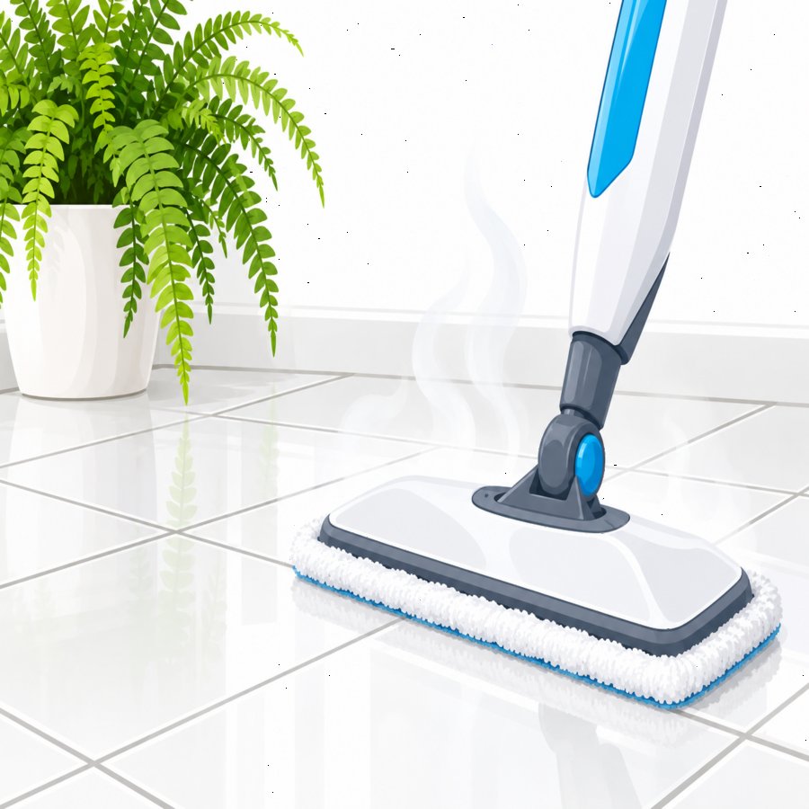 Close-up of steam mop hacks being used to clean kitchen tile grout lines