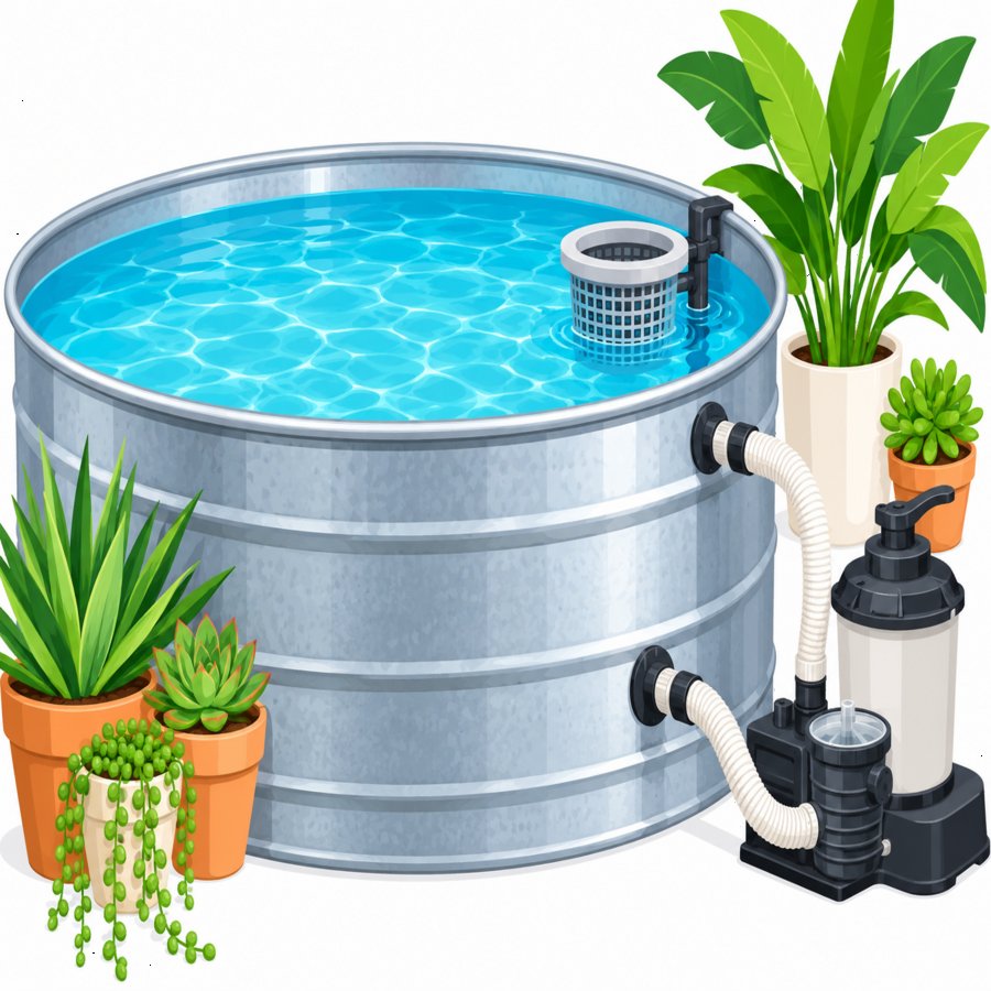 Close-up of galvanized tank pool setup illustrating stock tank pool hacks for filtration and decor