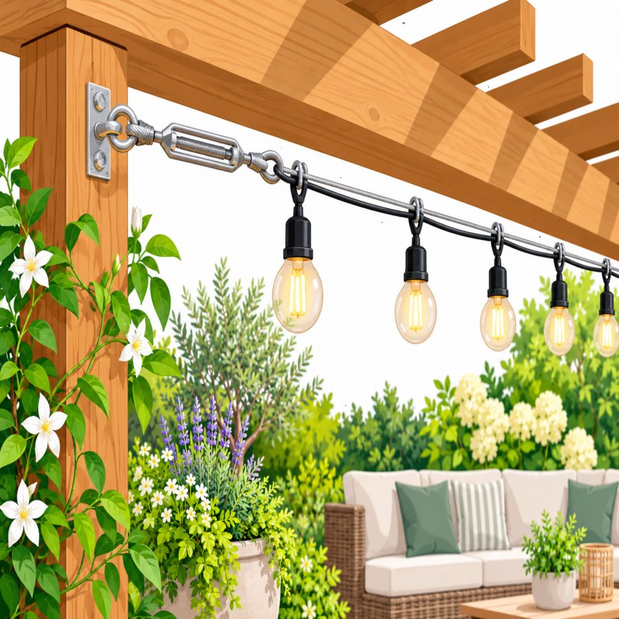 Patio guide wire kit demonstrating string light suspension tricks outdoors