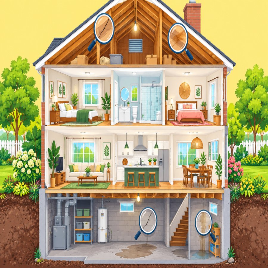 Bright vector home scene showing structural warning signs home repair inspection areas