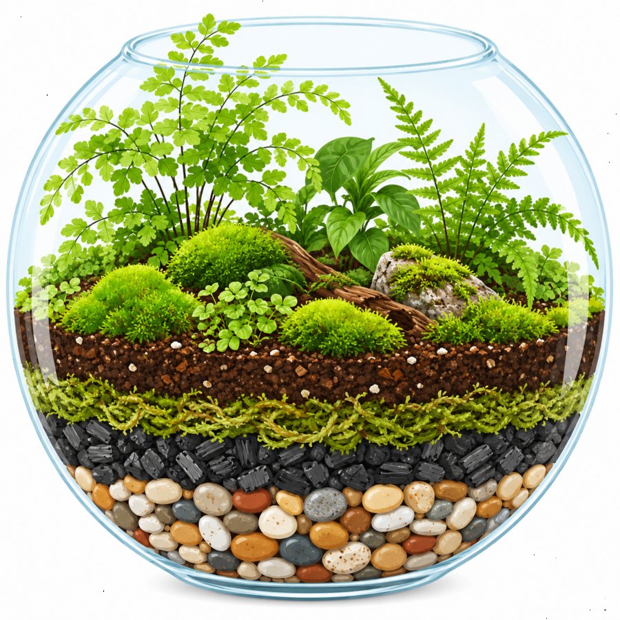 Cross-section diagram showing terrarium layering secrets with charcoal and moss layers