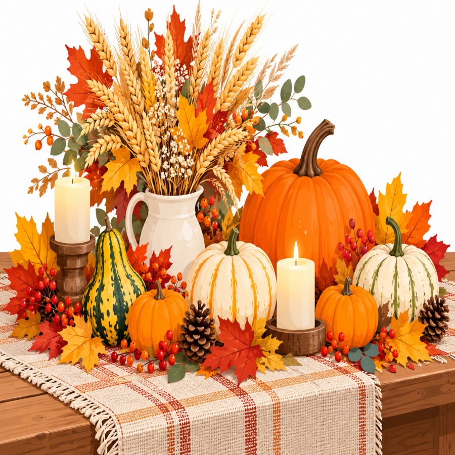 Budget thanksgiving tablescape ideas featuring pumpkins, candles, and a rustic runner