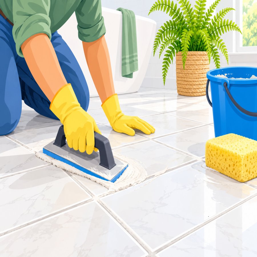 Homeowner correcting tile grouting blunders while applying fresh grout to floor tiles