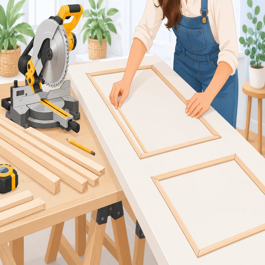 Close-up vector scene of trim molding upgrades being applied to a hollow core door panel