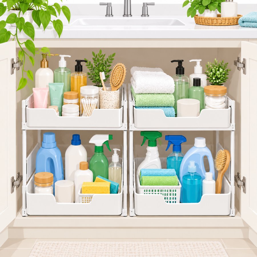 Tiered drawer organizer demonstrating under-sink storage hacks beneath a bathroom vanity