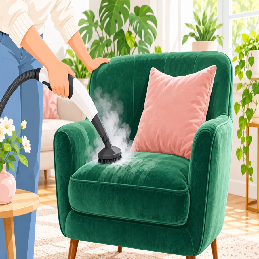 Bright home scene demonstrating upholstery cleaning secrets with steam cleaner and sofa