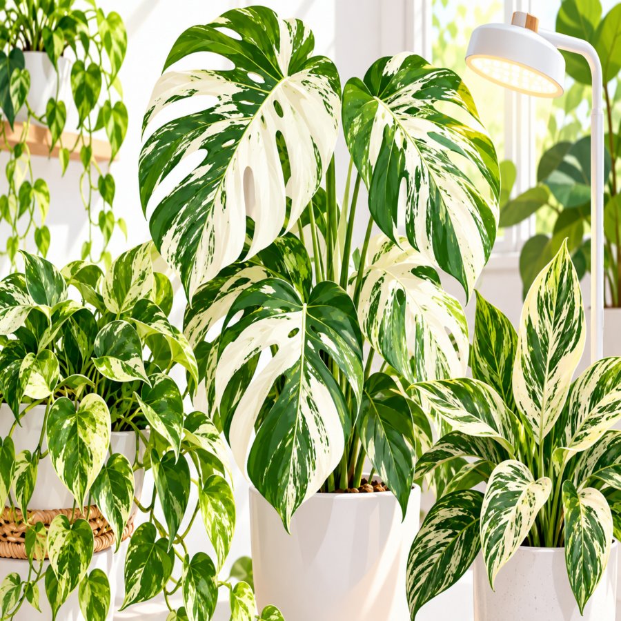 Close-up of variegated houseplants leaves with white and green patterns