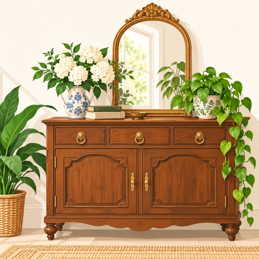 Flat vector home scene highlighting vintage furniture styling mistakes to avoid