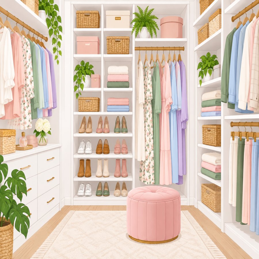 Illustration of walk-in closet hacks with shelving and organizers in a tidy closet