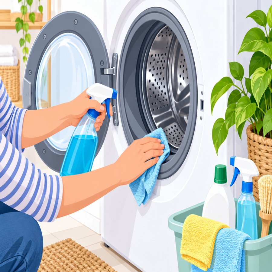 Bright vector scene of a clean laundry room avoiding washing machine cleaning mistakes